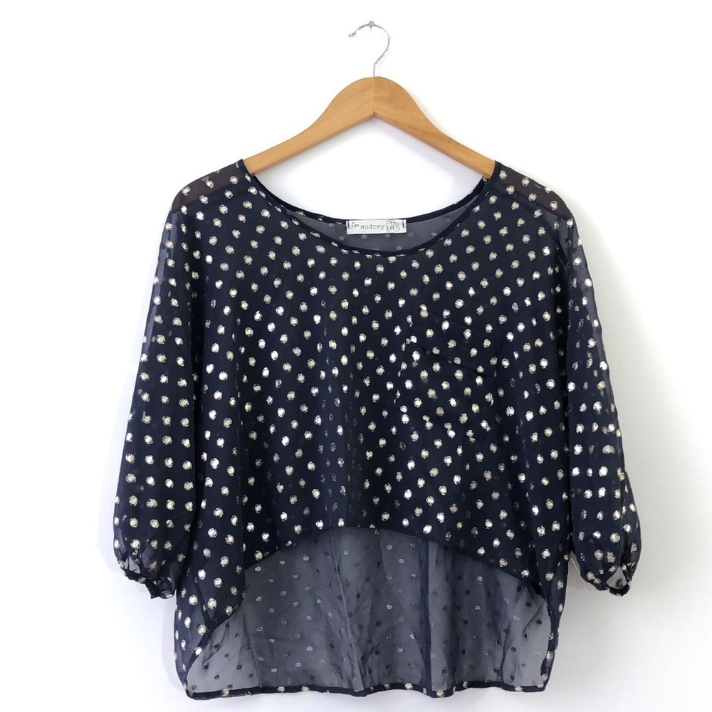 Love Audrey 3 + 1 Navy Blue Gold Polka Dit Hi Low Crop Top S